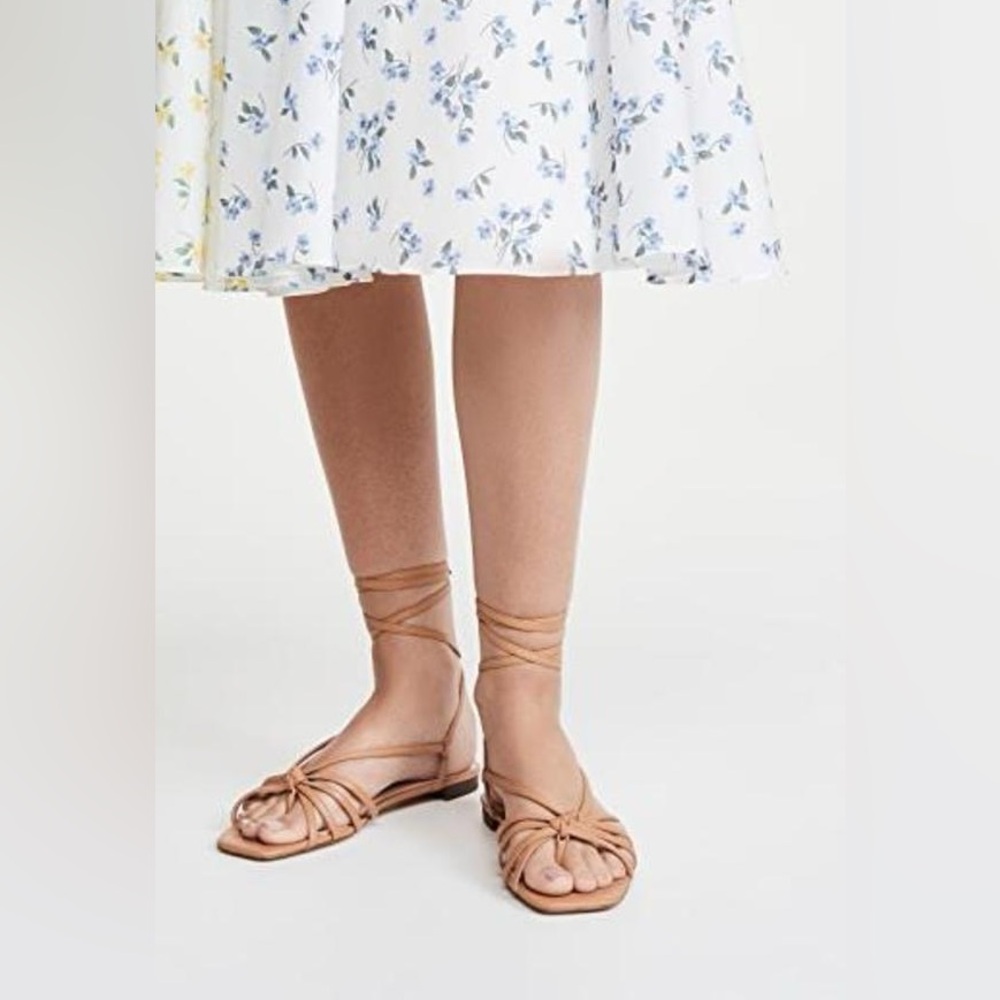 LOEFFLER RANDALL Lorelai Cognac Leather Open Toe Ankle Wrap Flat Sandals sz 10.5 - Picture 2 of 10